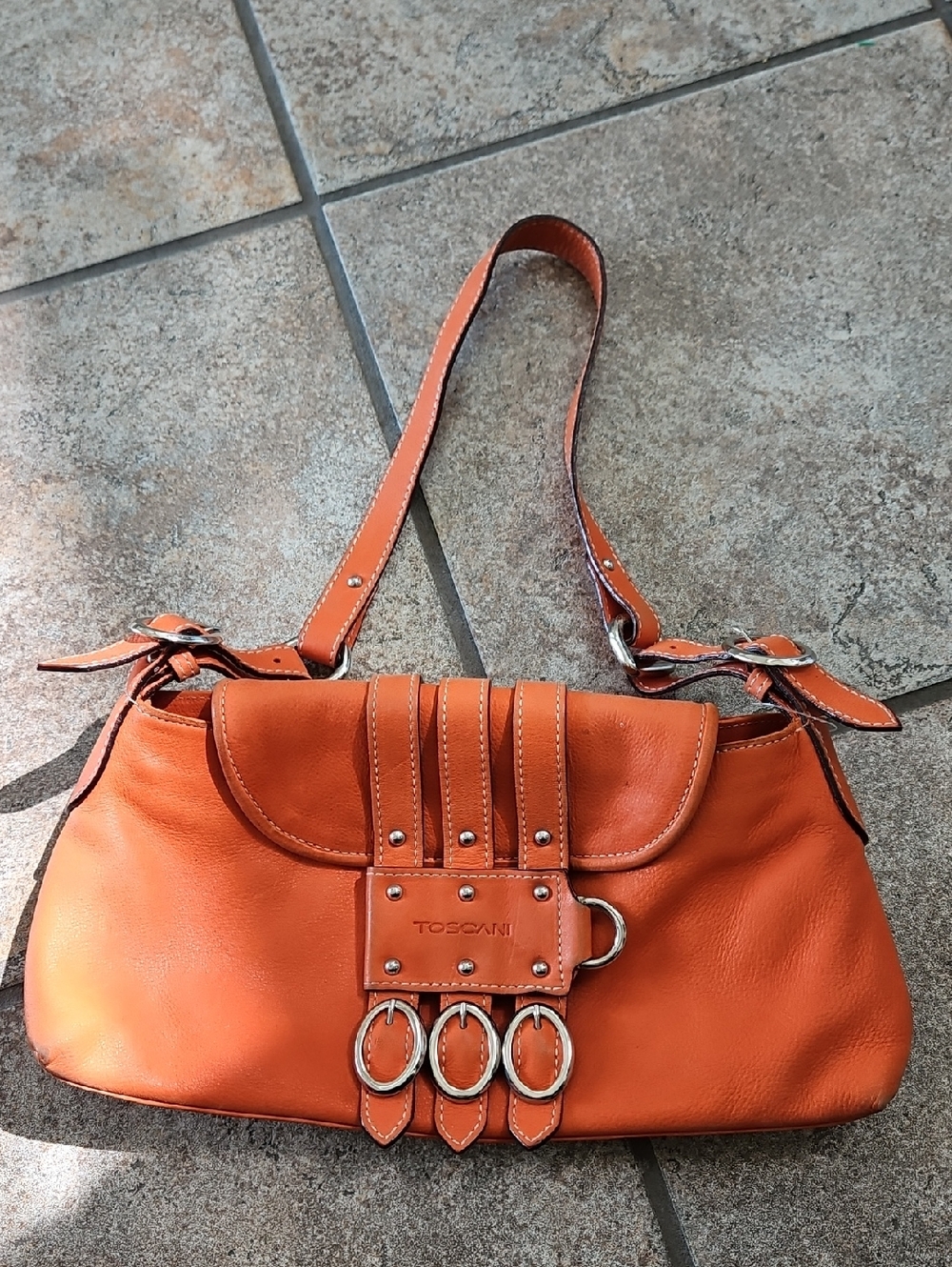 Toscani Orange Leather Shoulder Bag Made In Italy Vintage